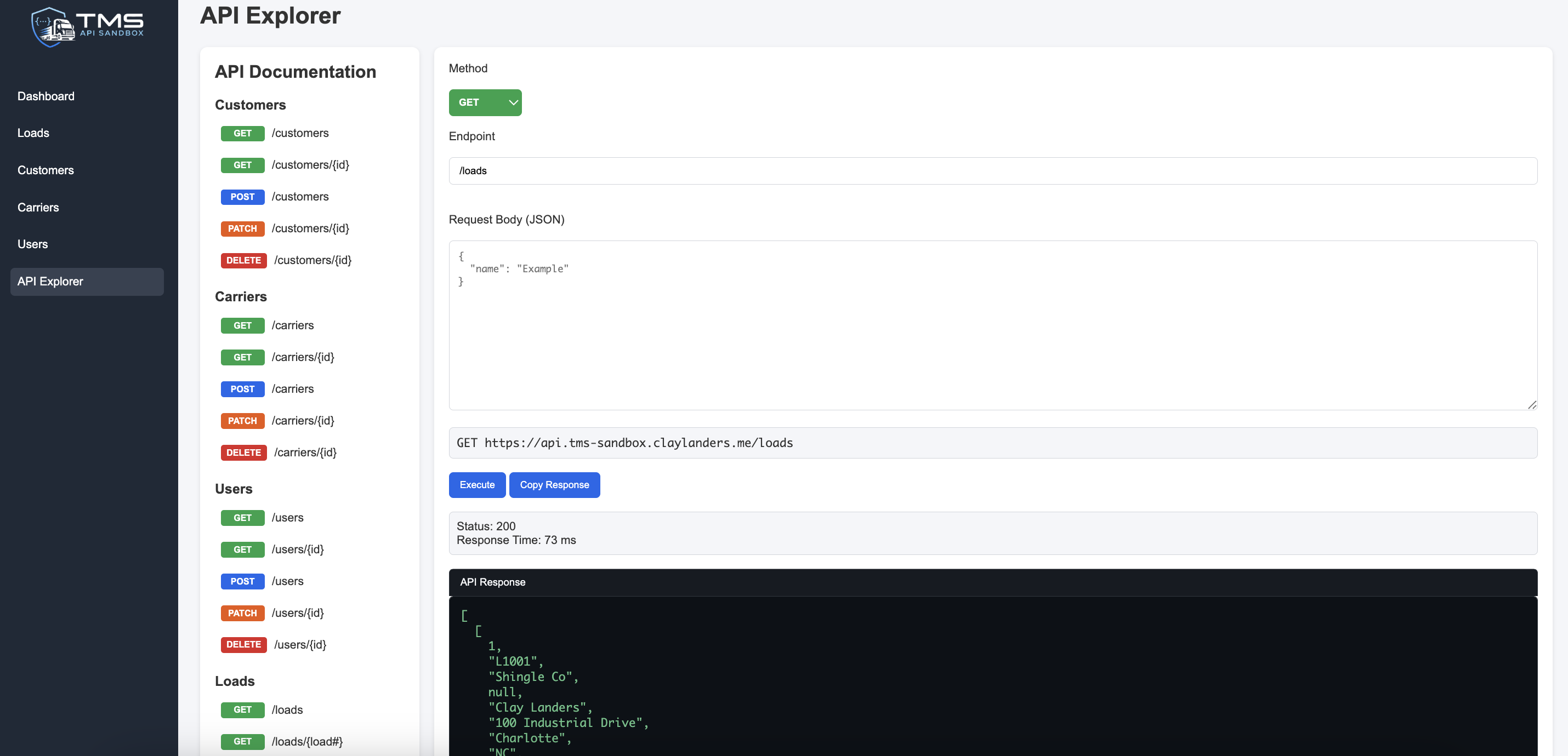 TMS API Sandbox Dashboard